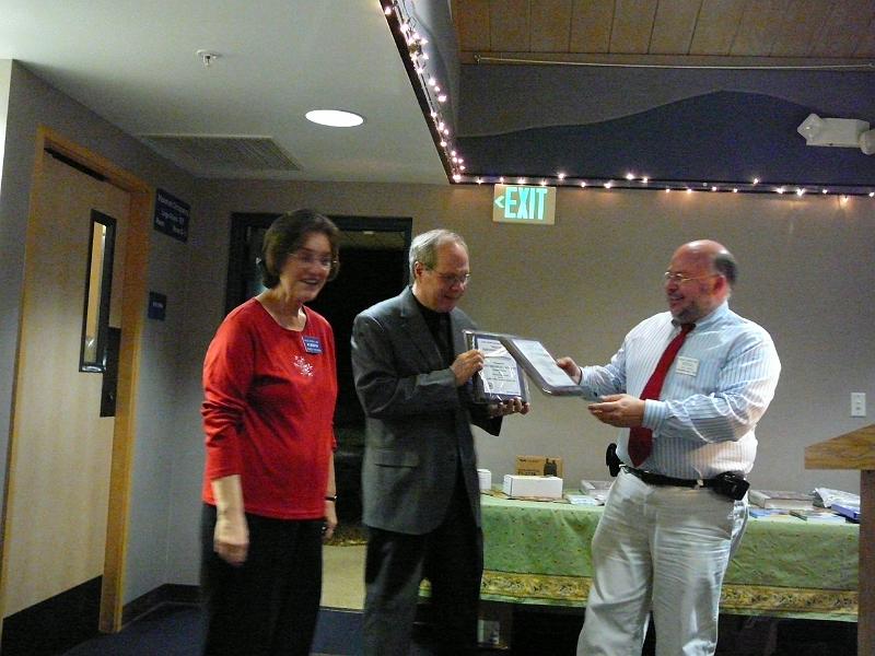 P1060368.JPG - Karen and John Freeman receive the W6AM Award for their serviice with club Badges and the PVARC website